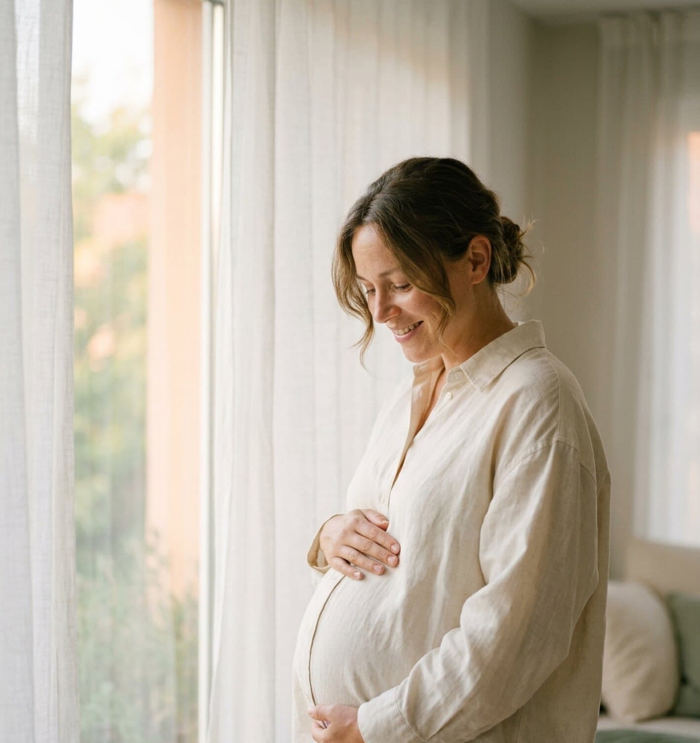 Une femme enceinte sourit, une main posée sur son ventre, devant une fenêtre à la lumière douce